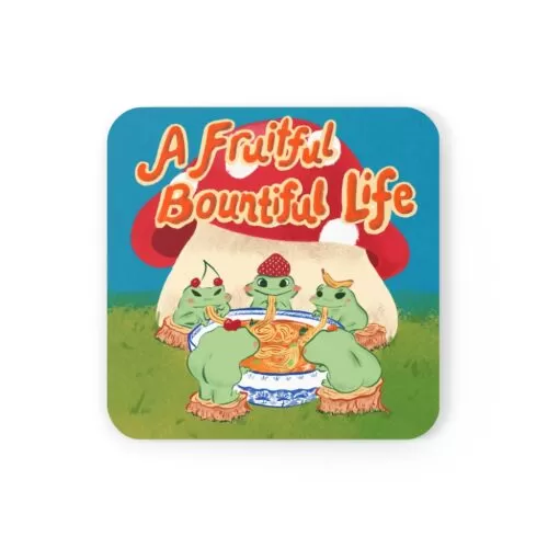 Fruity Frogs Eating Noodles Corkwood Coaster Set